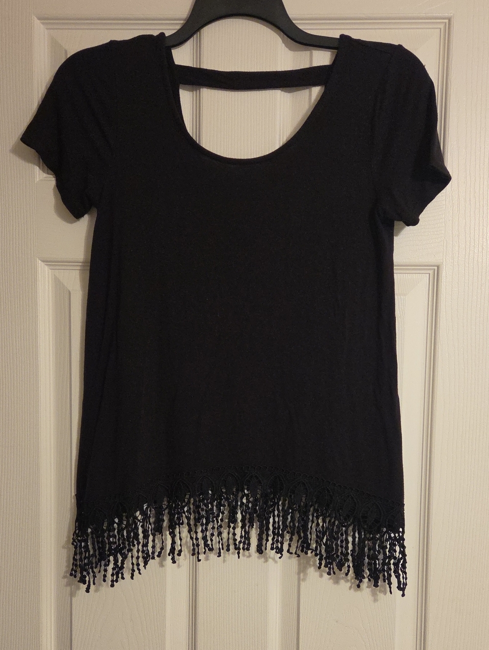 New directions Black Short Sleeve Crop Top with Fringe Hem